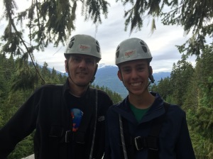 My dad and me zip-lining through Blackcomb Mountain and Whistler Mountain.